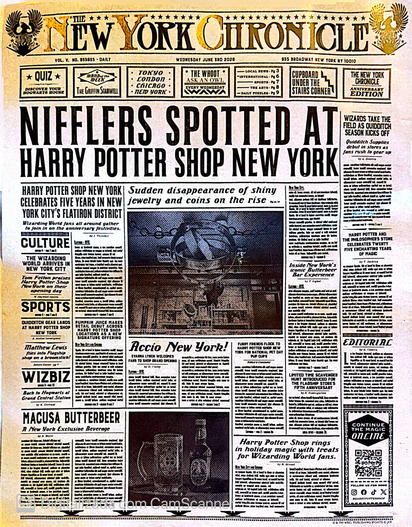 New York Chronicle anunciando a investigação dos Nifflers na Harry Potter New York