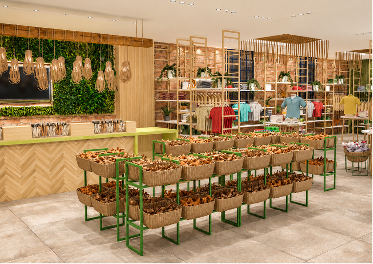 Projeto da loja Walkthrough Store do BioParque com expositores modulares e arquitetura histórica